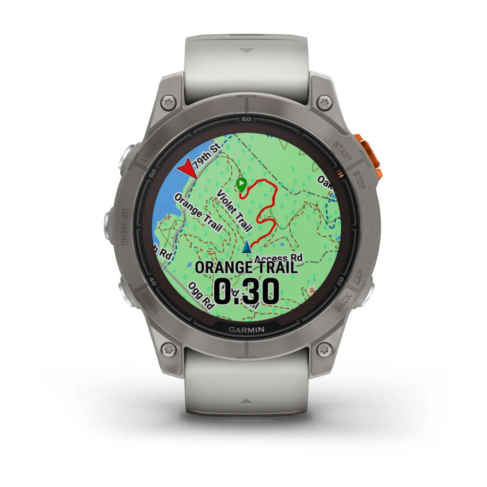 Garmin Fenix 7 Pro Sapphire Solar Edition smartwatch displaying a map with trails and navigation information.