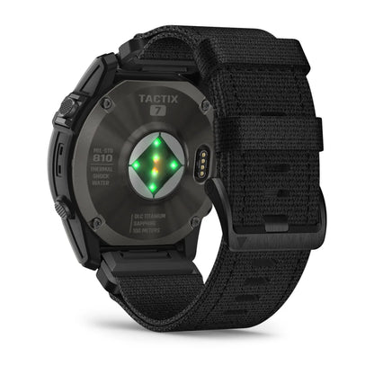 Back view of the Garmin tactix 7 AMOLED Edition smartwatch featuring a black strap and visible sensors.