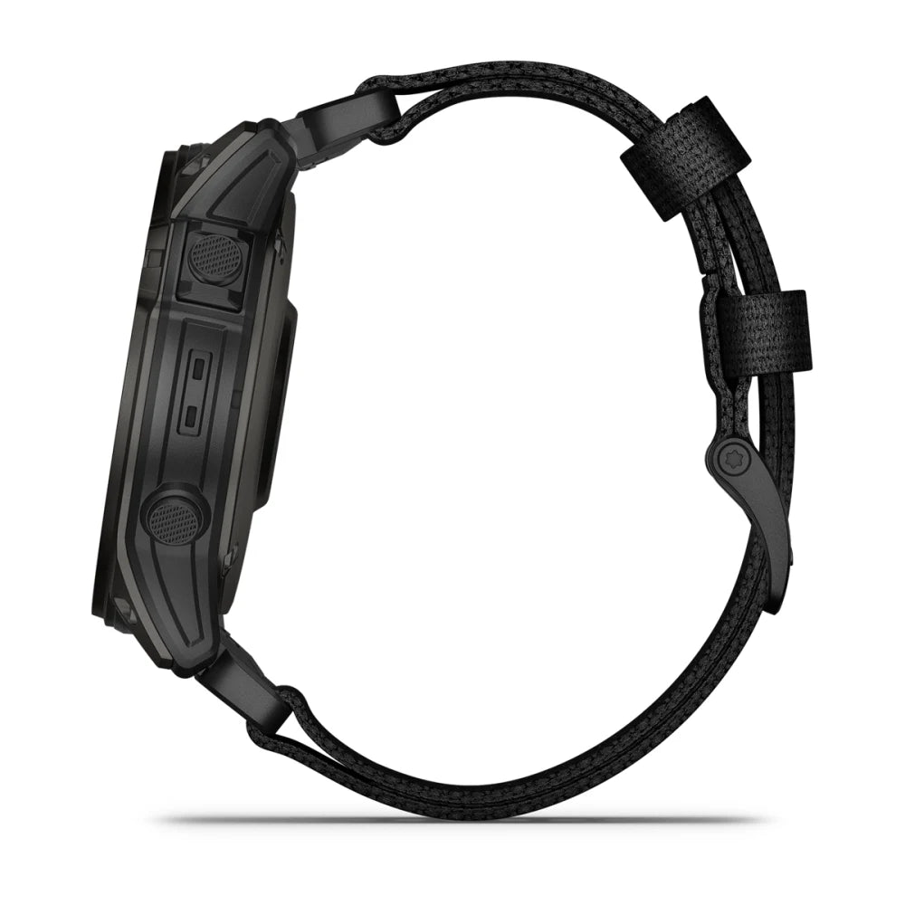Side view of the Garmin tactix 7 AMOLED Edition smartwatch, featuring a black design and textured strap.