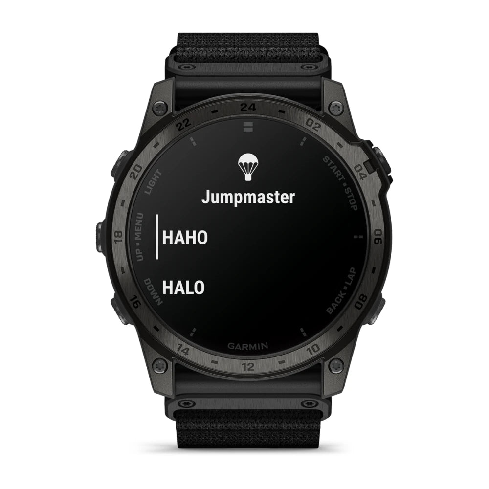 Garmin tactix 7 AMOLED Edition smartwatch displaying Jumpmaster feature with options for HAHO and HALO.