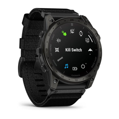 Garmin tactix 7 AMOLED Edition smartwatch displaying a black screen with various icons, including a Kill Switch feature, on a black strap.