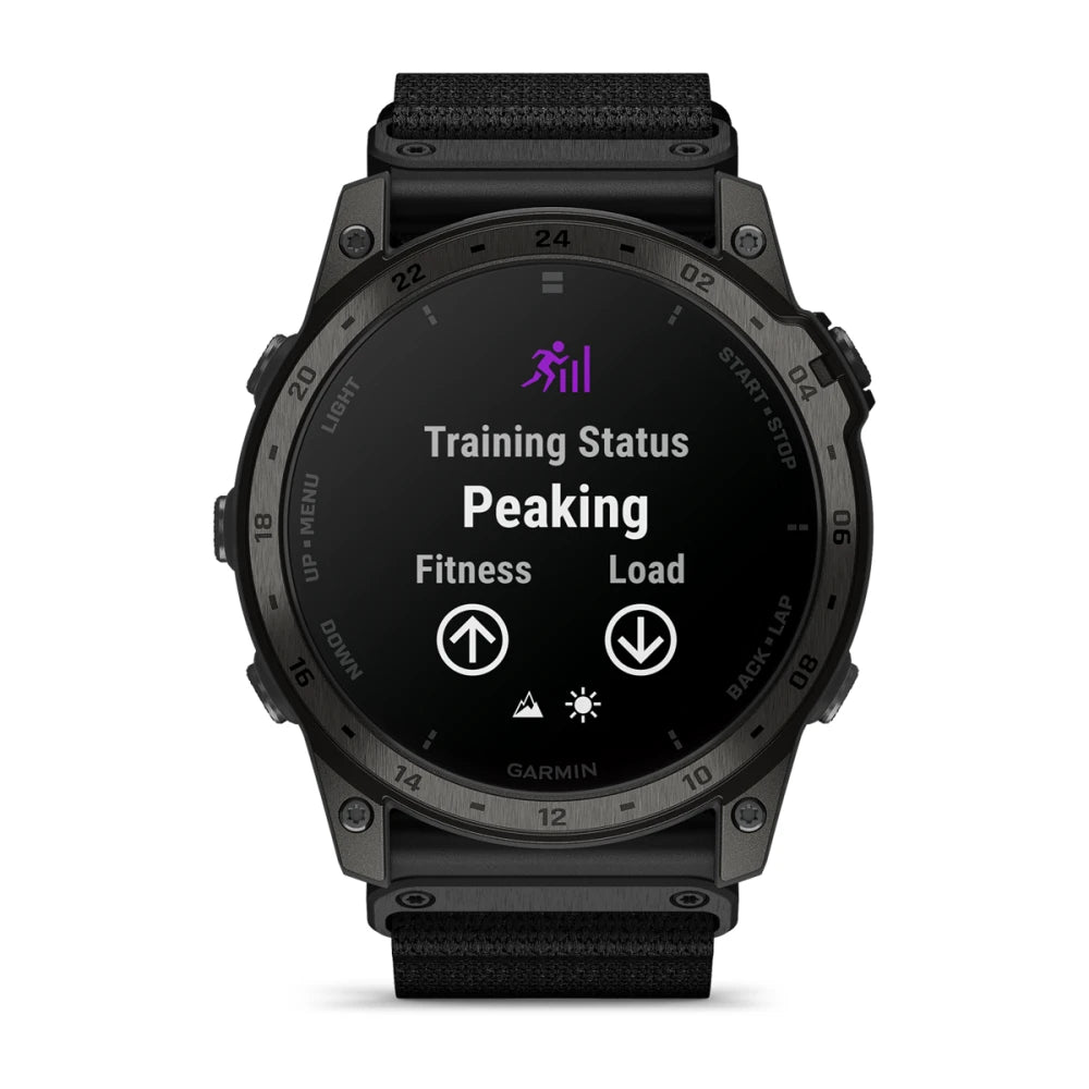 Garmin tactix 7 AMOLED Edition smartwatch displaying training status with the message 'Peaking' under fitness and load metrics.
