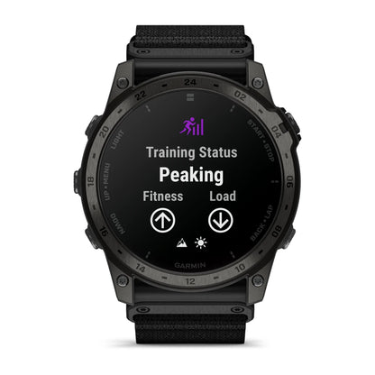 Garmin tactix 7 AMOLED Edition smartwatch displaying training status with the message 'Peaking' under fitness and load metrics.