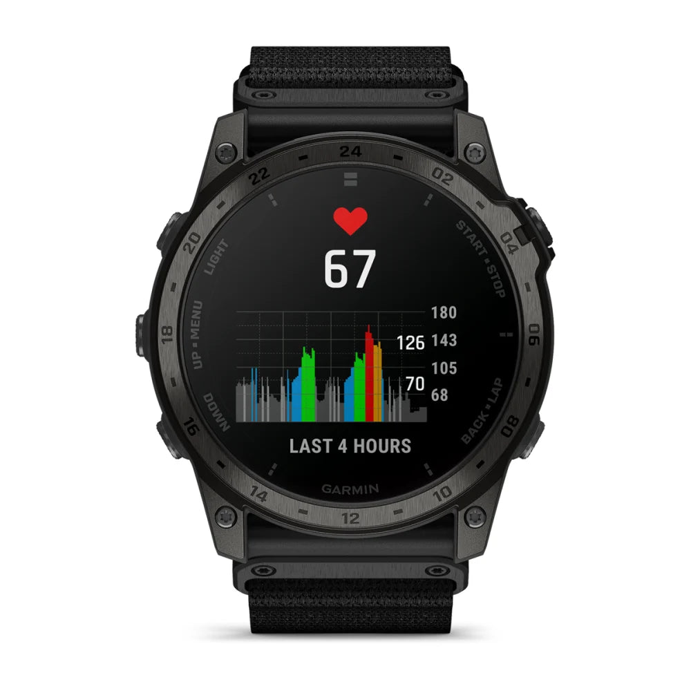Garmin tactix 7 AMOLED Edition smartwatch displaying heart rate of 67 and a colorful graph indicating activity over the last 4 hours.