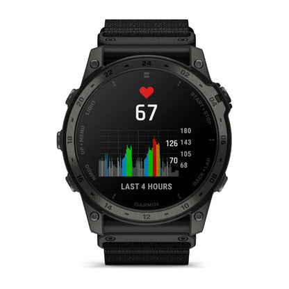 Garmin tactix 7 AMOLED Edition smartwatch displaying heart rate of 67 and a colorful graph indicating activity over the last 4 hours.