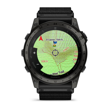 Garmin tactix 7 AMOLED Edition smartwatch displaying a detailed topographic map with elevation markers and a location indicator.