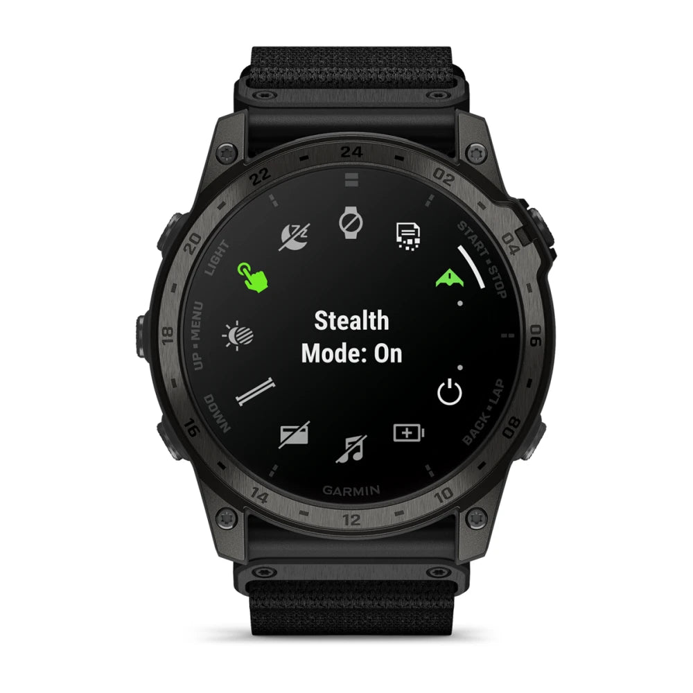 Garmin tactix 7 AMOLED Edition smartwatch displaying 'Stealth Mode: On' on its screen with various icons in a black interface.