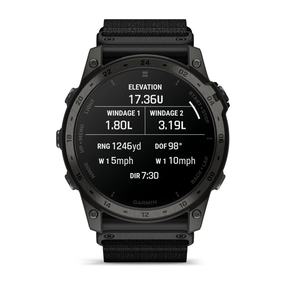 Garmin tactix 7 AMOLED Edition smartwatch displaying elevation, windage data, range, direction, and other metrics on its screen.