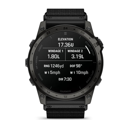 Garmin tactix 7 AMOLED Edition smartwatch displaying elevation, windage data, range, direction, and other metrics on its screen.