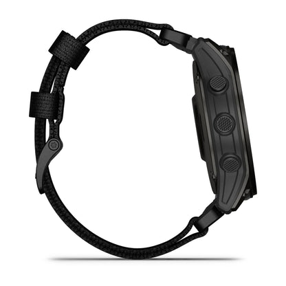 Side view of the Garmin tactix 7 AMOLED Edition smartwatch with a black strap.
