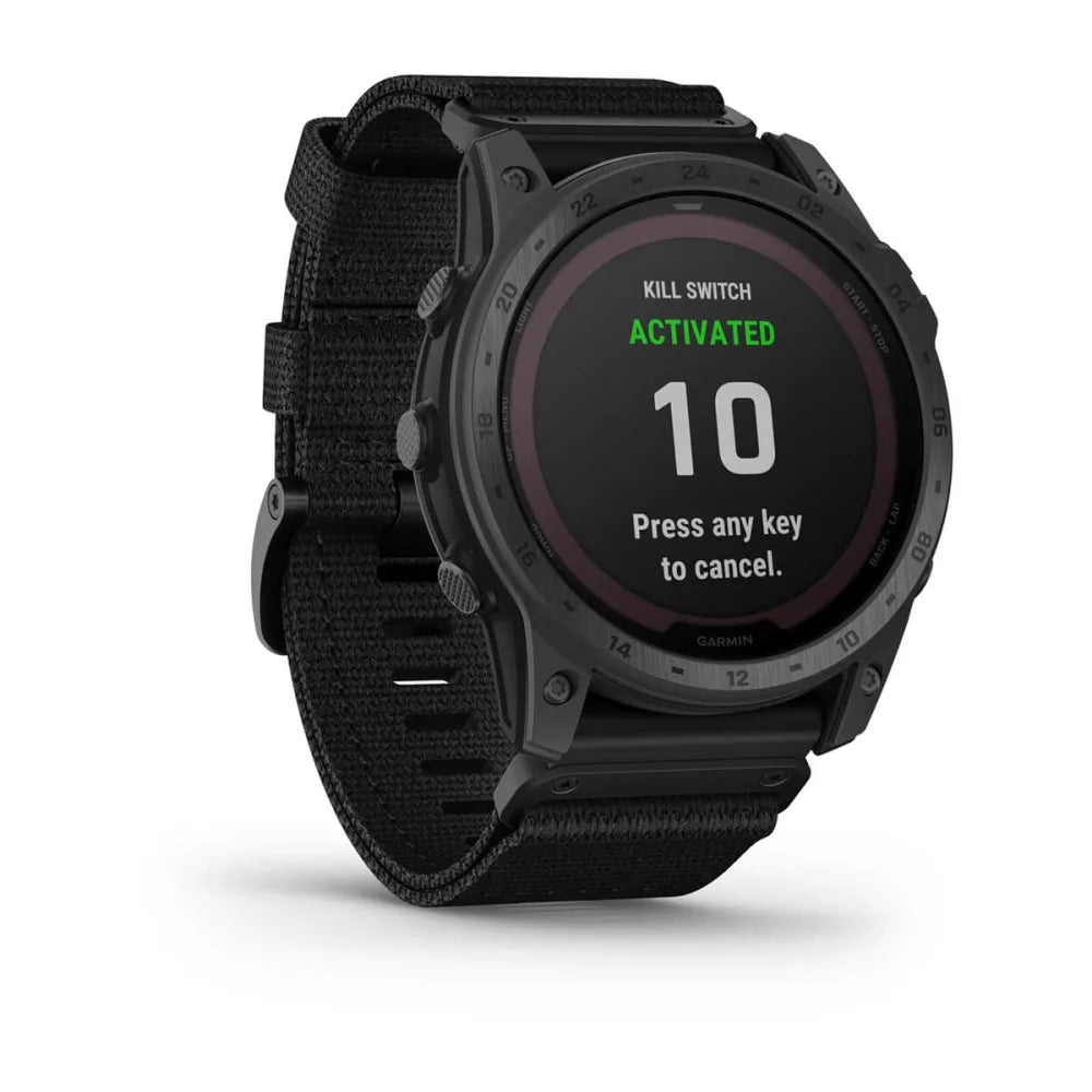 Garmin tactix 7 Pro Ballistics Edition smartwatch displaying a KILL SWITCH ACTIVATED message with a countdown timer on its screen.