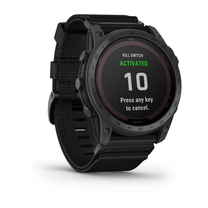 Garmin tactix 7 Pro Ballistics Edition smartwatch displaying a KILL SWITCH ACTIVATED message with a countdown timer on its screen.
