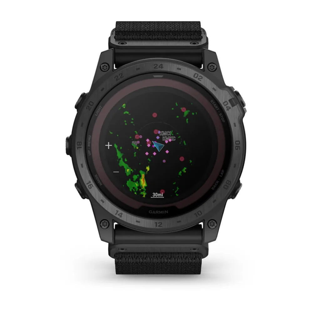 Garmin tactix 7 Pro Ballistics Edition smartwatch displaying a colorful radar screen with various data points and a black strap.