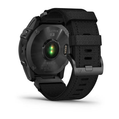 Garmin tactix 7 Pro Ballistics Edition smartwatch showing the back view with a black strap and sensor.