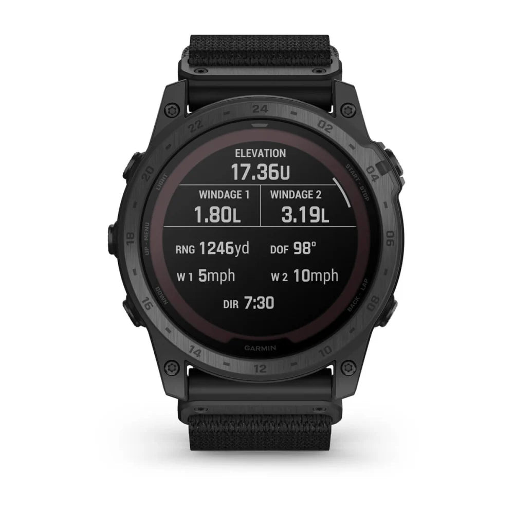 Garmin tactix 7 Pro Ballistics Edition smartwatch displaying elevation, wind data, range, and direction settings on a black background.