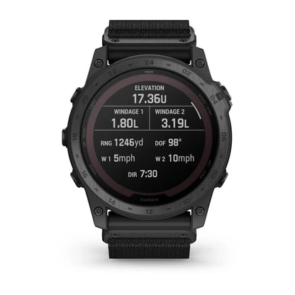 Garmin tactix 7 Pro Ballistics Edition smartwatch displaying elevation, wind data, range, and direction settings on a black background.