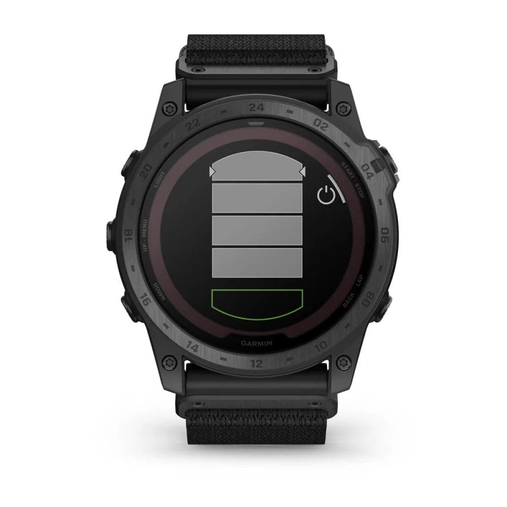 Garmin tactix 7 Pro Ballistics Edition smartwatch displaying a battery status screen.