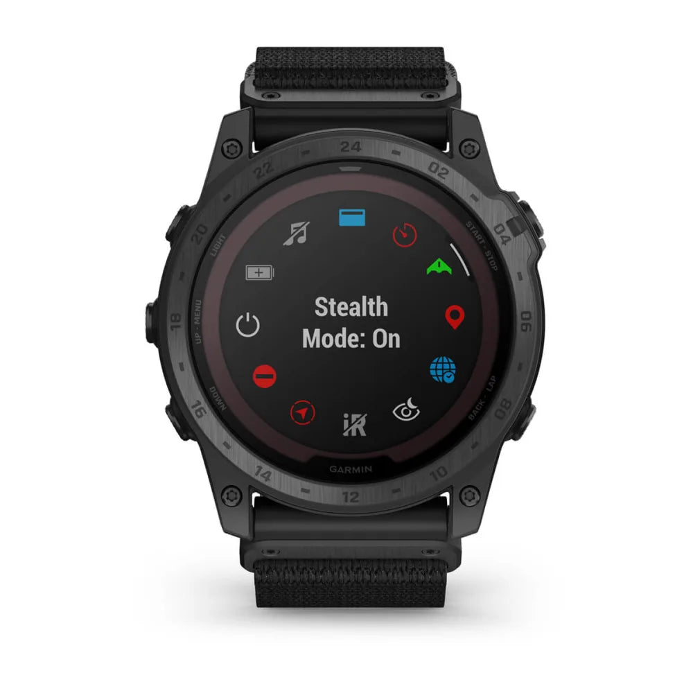 Garmin tactix 7 Pro Ballistics Edition smartwatch displaying Stealth Mode: On with various icons on the screen.