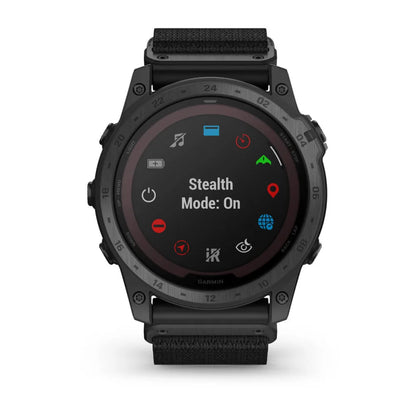 Garmin tactix 7 Pro Ballistics Edition smartwatch displaying Stealth Mode: On with various icons on the screen.