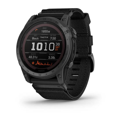 Garmin tactix 7 Pro Ballistics Edition smartwatch displaying various metrics on its screen, including range, elevation, and wind direction, with a black strap.