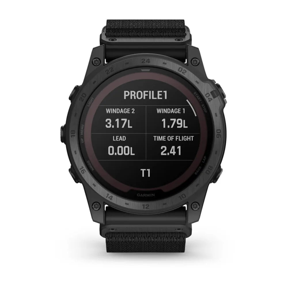 Garmin tactix 7 Pro Ballistics Edition smartwatch displaying ballistics data including windage and time of flight.