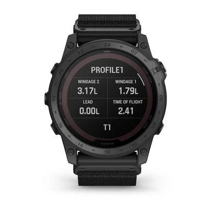 Garmin tactix 7 Pro Ballistics Edition smartwatch displaying ballistics data including windage and time of flight.