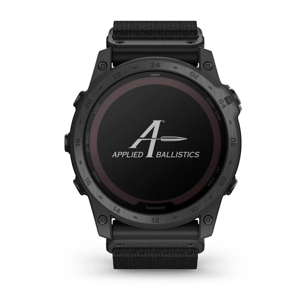 Garmin tactix 7 Pro Ballistics Edition smartwatch with a black strap and an Applied Ballistics logo on the screen.