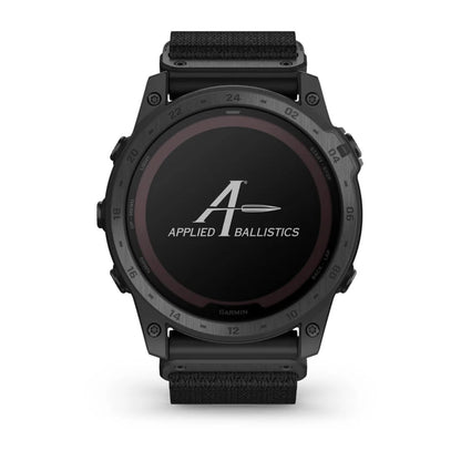 Garmin tactix 7 Pro Ballistics Edition smartwatch with a black strap and an Applied Ballistics logo on the screen.