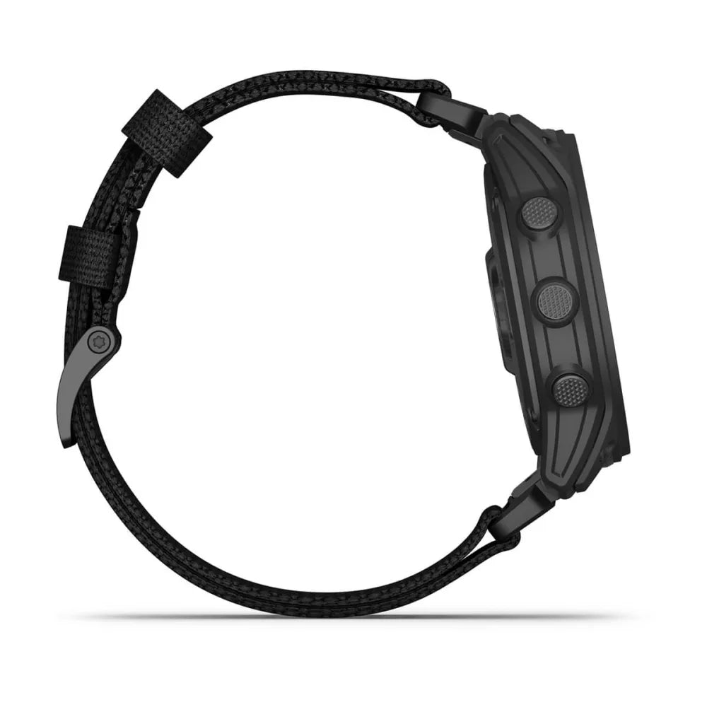 Garmin tactix 7 Pro Ballistics Edition smartwatch shown from the side, featuring a rugged design and adjustable strap.