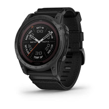 Garmin tactix 7 Pro Edition smartwatch displaying various metrics on a black watch face with a black strap.