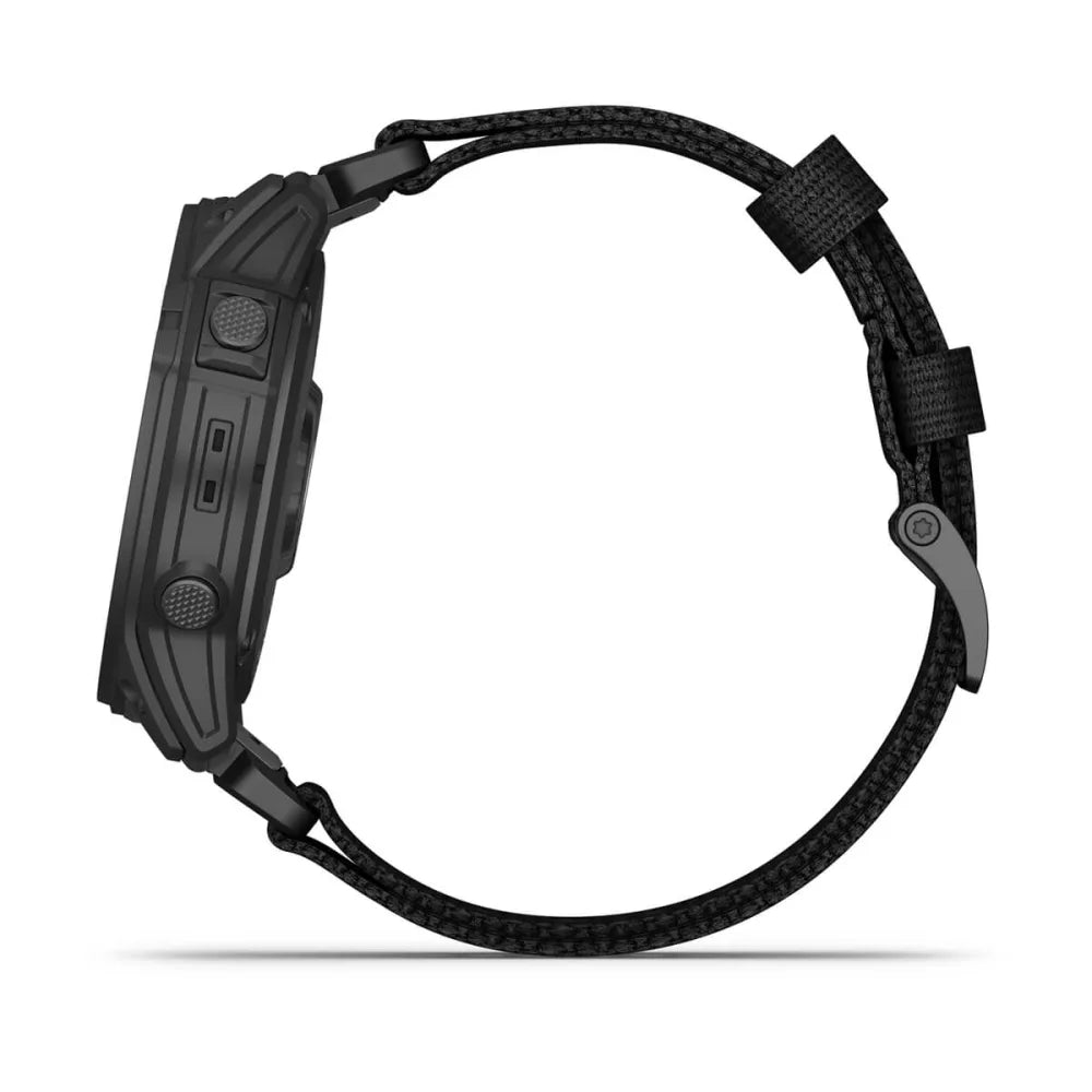 Side view of the Garmin tactix 7 Pro Edition smartwatch featuring a black design and woven strap.