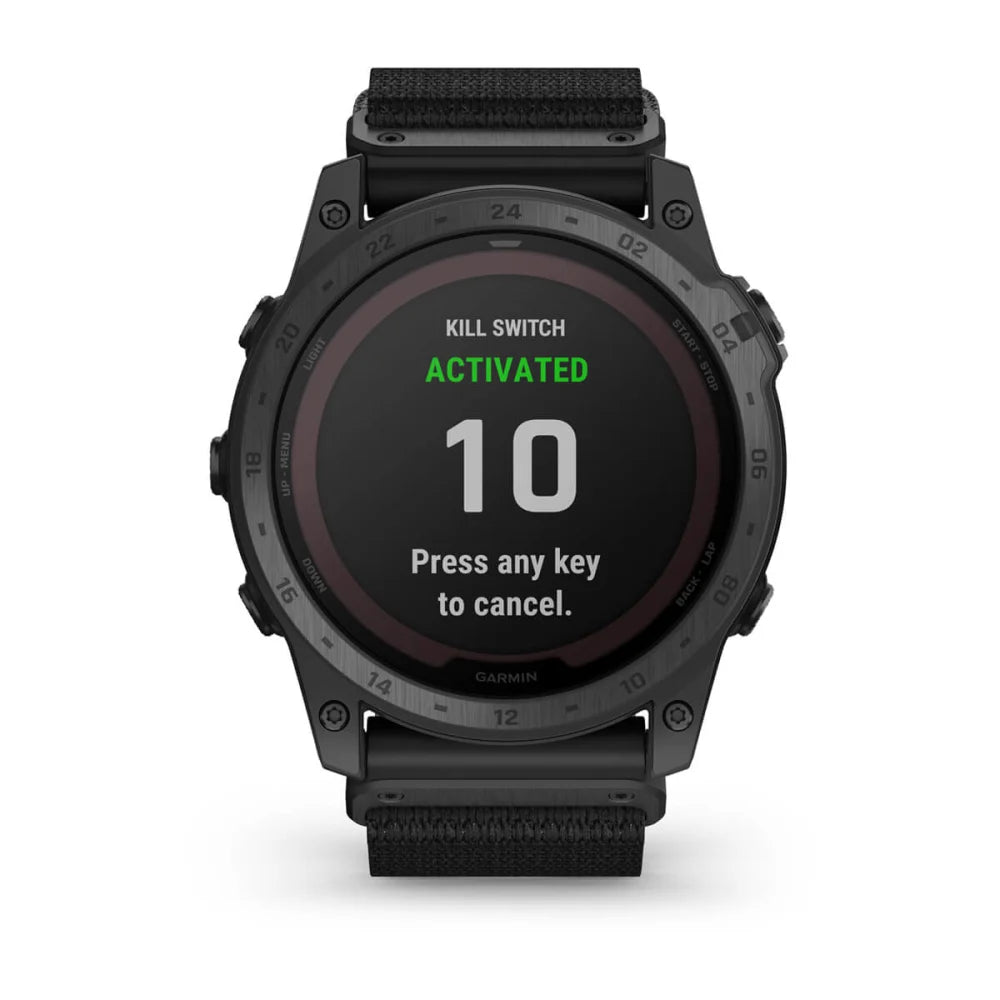 Garmin tactix 7 Pro Edition smartwatch displaying a screen with 'KILL SWITCH ACTIVATED' and a countdown timer.