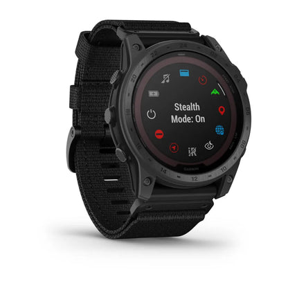 Garmin tactix 7 Pro Edition smartwatch displaying the 'Stealth Mode: On' screen with a black strap.