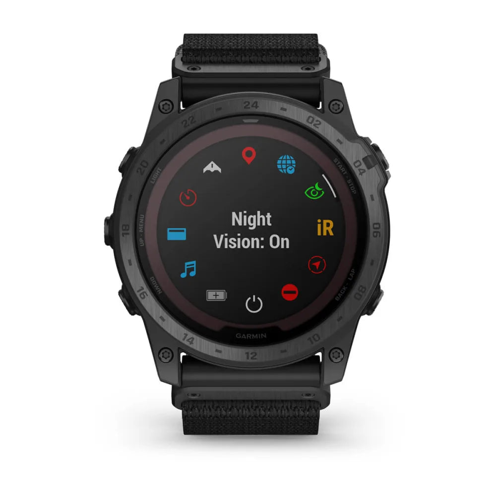 Garmin tactix 7 Pro Edition smartwatch displaying the 'Night Vision: On' feature with various icons on the screen.