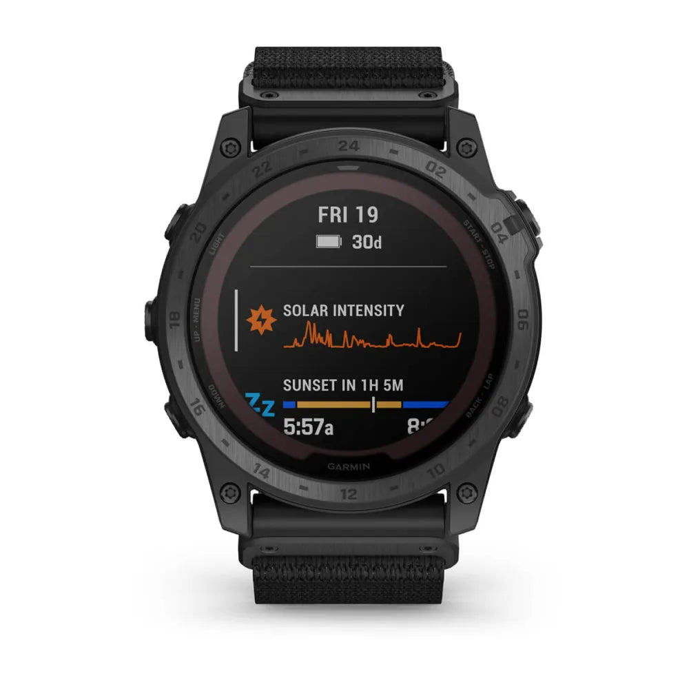 Garmin tactix 7 Pro Edition smartwatch displaying solar intensity and sunset time on its screen.