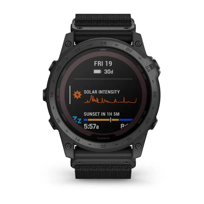 Garmin tactix 7 Pro Edition smartwatch displaying solar intensity and sunset time on its screen.