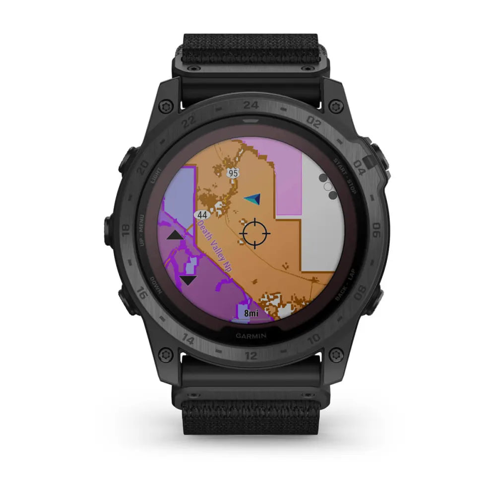 Garmin tactix 7 Pro Edition smartwatch displaying a detailed map with various navigation features.