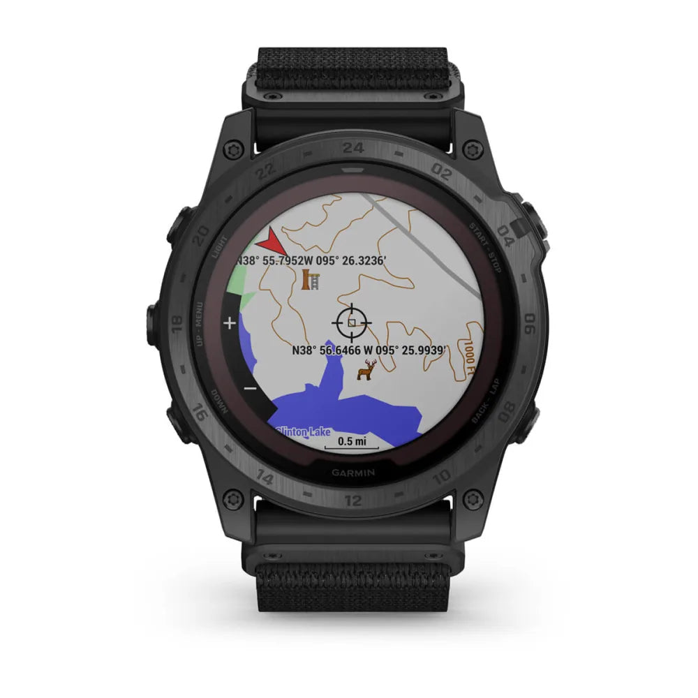 Garmin tactix 7 Pro Edition smartwatch displaying a detailed topographic map with geographic coordinates.
