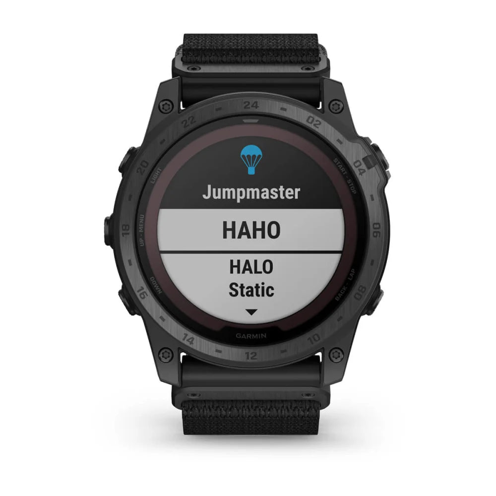 Garmin tactix 7 Pro Edition smartwatch displaying Jumpmaster options: HAHO, HALO, and Static.