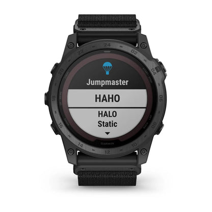 Garmin tactix 7 Pro Edition smartwatch displaying Jumpmaster options: HAHO, HALO, and Static.