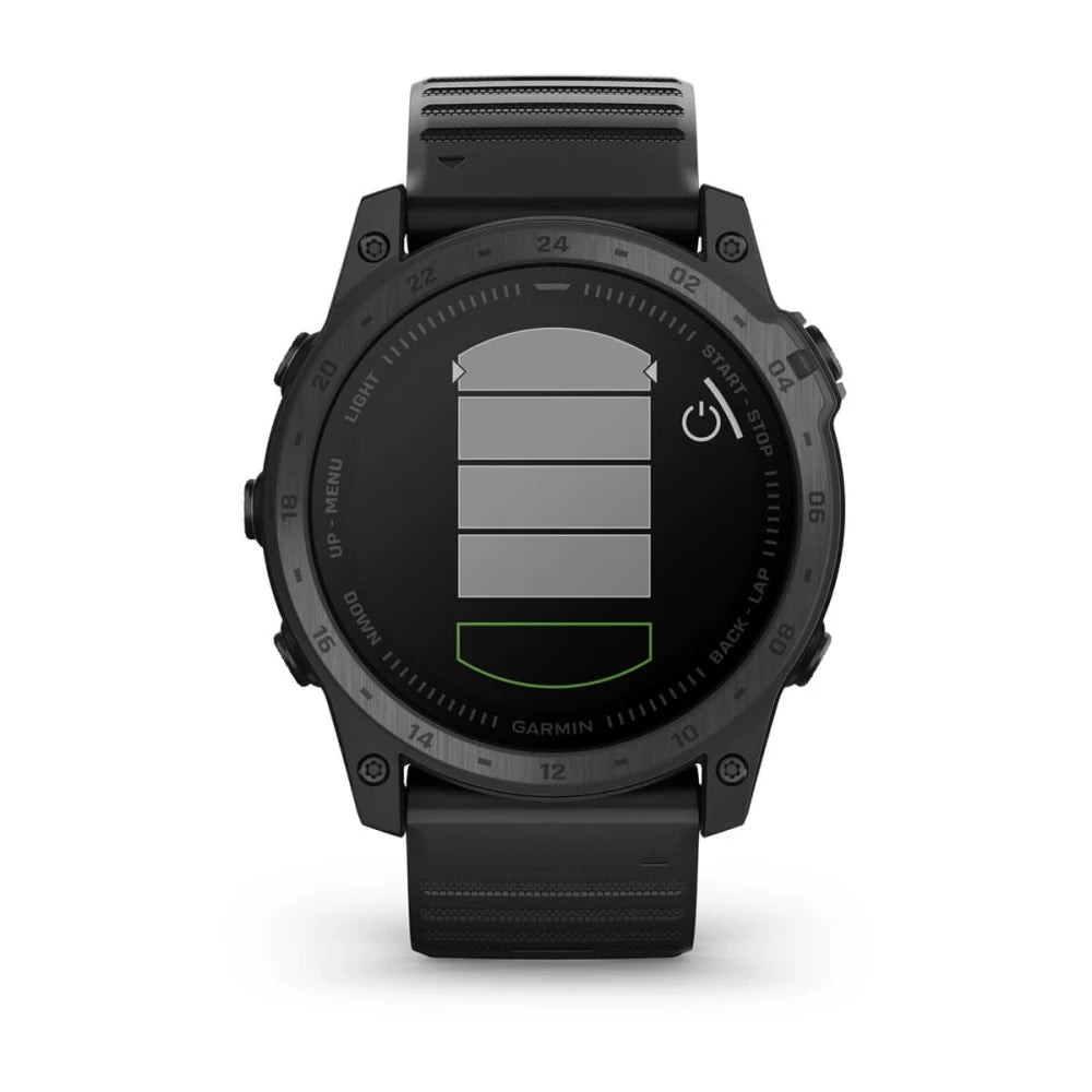 Garmin tactix 7 Standard Edition smartwatch displaying a battery status screen with a low battery indicator.