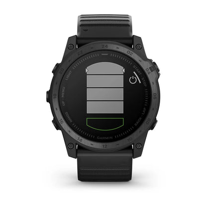 Garmin tactix 7 Standard Edition smartwatch displaying a battery status screen with a low battery indicator.