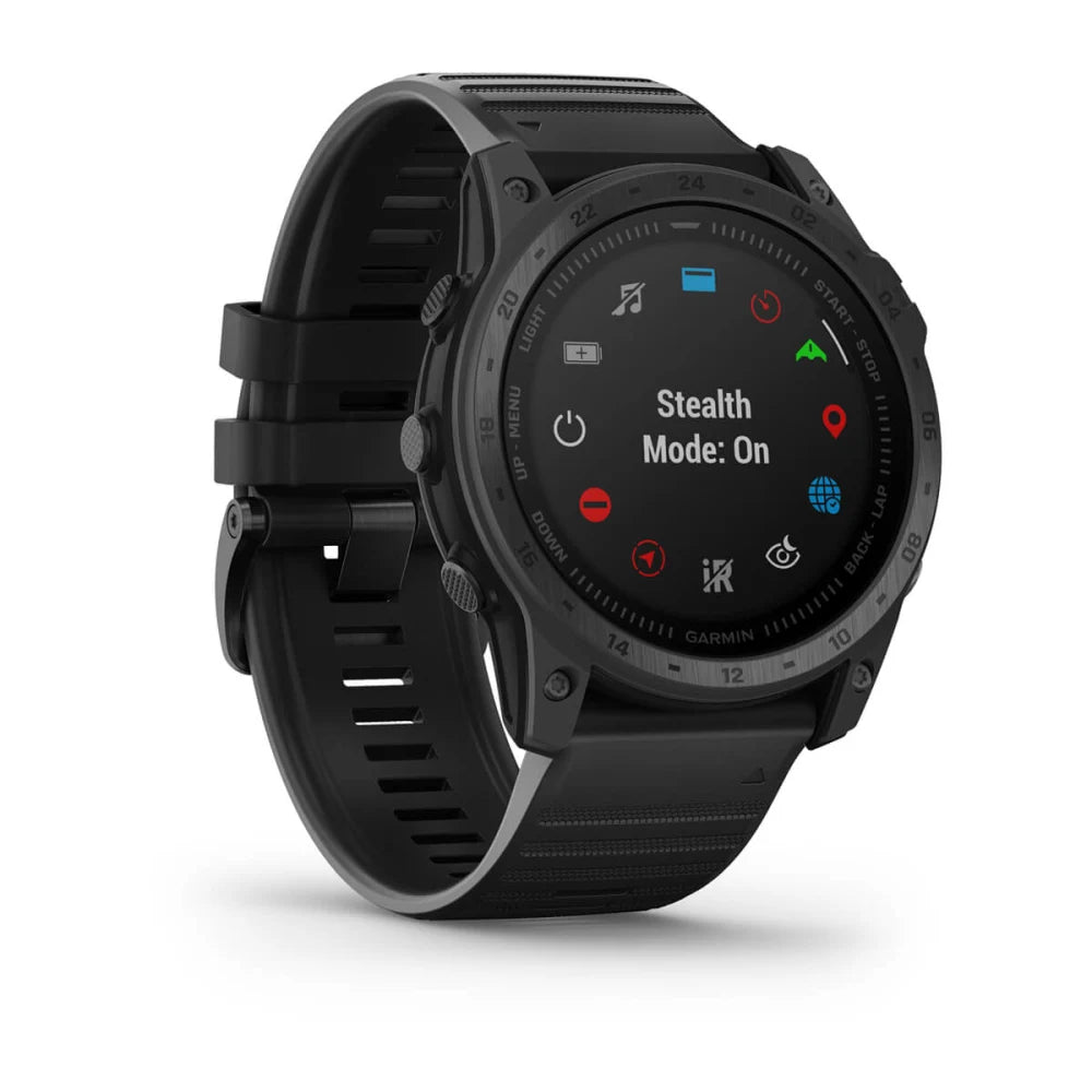 Garmin tactix 7 Standard Edition smartwatch displaying 'Stealth Mode: On' on its screen with a black strap.