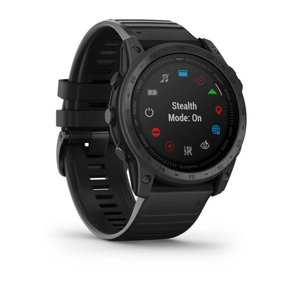 Garmin tactix 7 Standard Edition smartwatch displaying 'Stealth Mode: On' on its screen with a black strap.