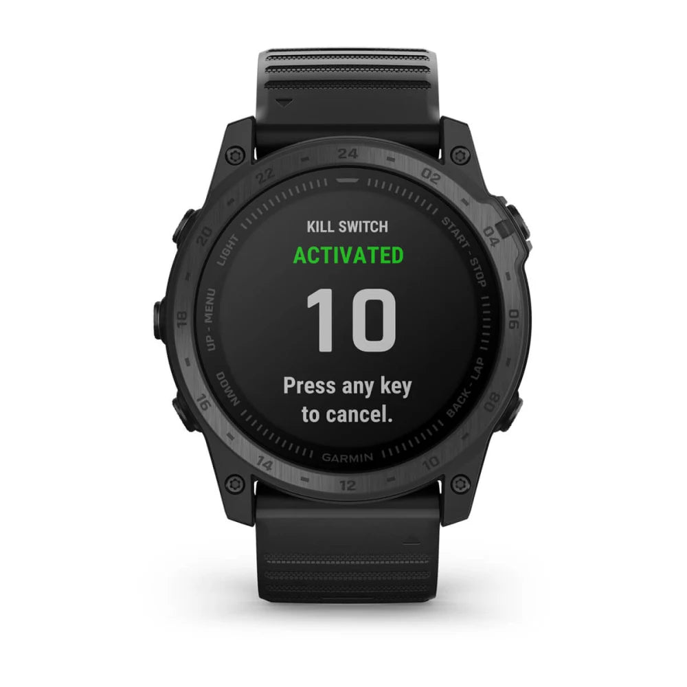 Garmin tactix 7 Standard Edition smartwatch displaying a screen with 'KILL SWITCH ACTIVATED' in green text, a countdown of '10', and the message 'Press any key to cancel.'