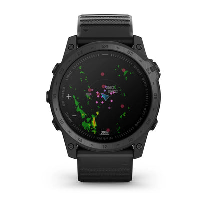 Garmin tactix 7 Standard Edition smartwatch displaying a colorful radar screen with various icons and indicators.