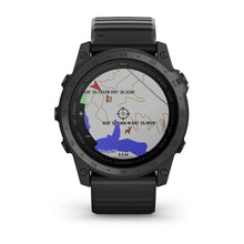 Garmin tactix 7 Standard Edition smartwatch displaying a detailed topographic map with coordinates and terrain features.
