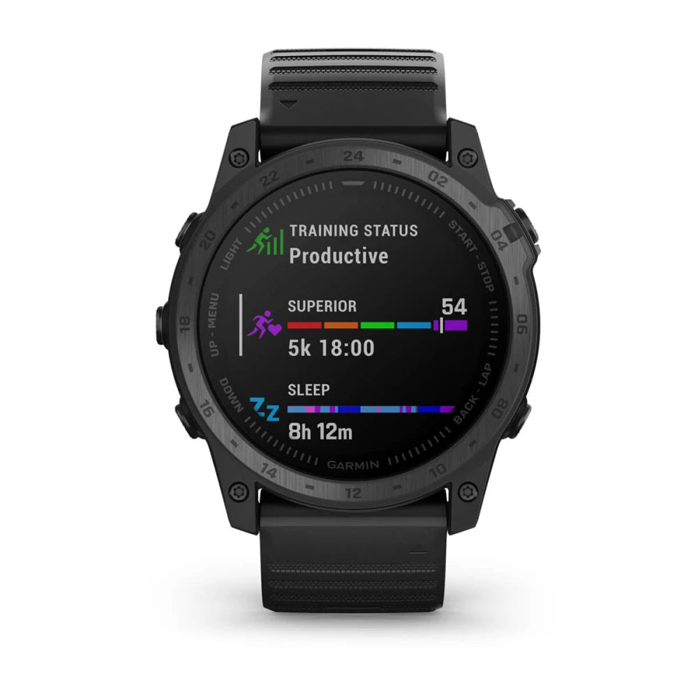 Garmin tactix 7 Standard Edition smartwatch displaying training status as 'Productive', with metrics for a 5k run and sleep duration.