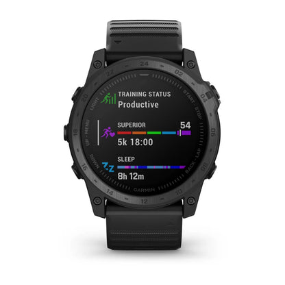 Garmin tactix 7 Standard Edition smartwatch displaying training status as 'Productive', with metrics for a 5k run and sleep duration.