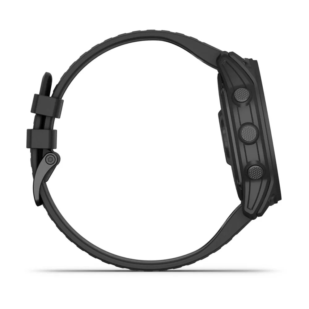 Side view of the Garmin tactix 7 Standard Edition watch, featuring a sleek black design and multiple buttons.